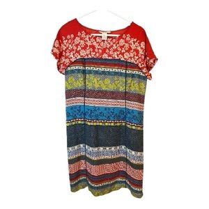Sundance Silk Boho Arty Multicolor Patterned Floral and Stripe Mini Dress